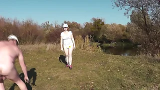 Wild beach. Nude in public. Outdoor on bank of river naked sexy mom MILF Frina learns to simulate badminton together with their way naked lover. Outside. Nudist beach. Pussy natural heart of hearts ass Milf